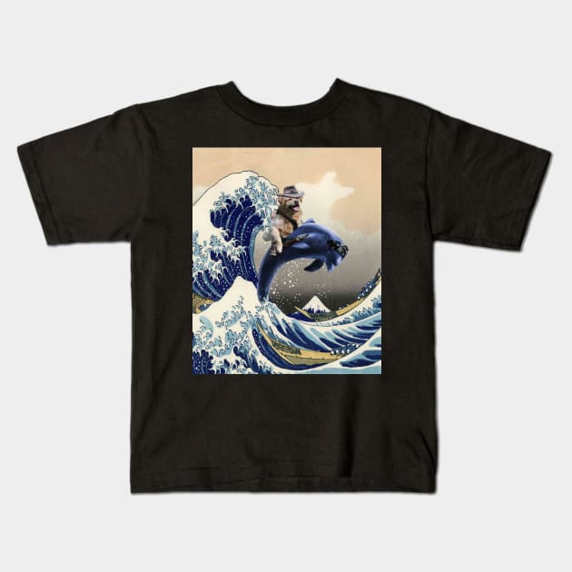 Golden Retriever Dog Riding Dolphin Great Wave Off Kanagawa Kids T-Shirt by Random Galaxy